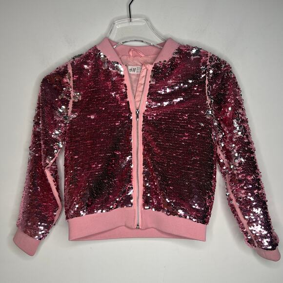 H&M Pink Sequin Bomber Jacket Girls Size 6-7 - Picture 2 of 9
